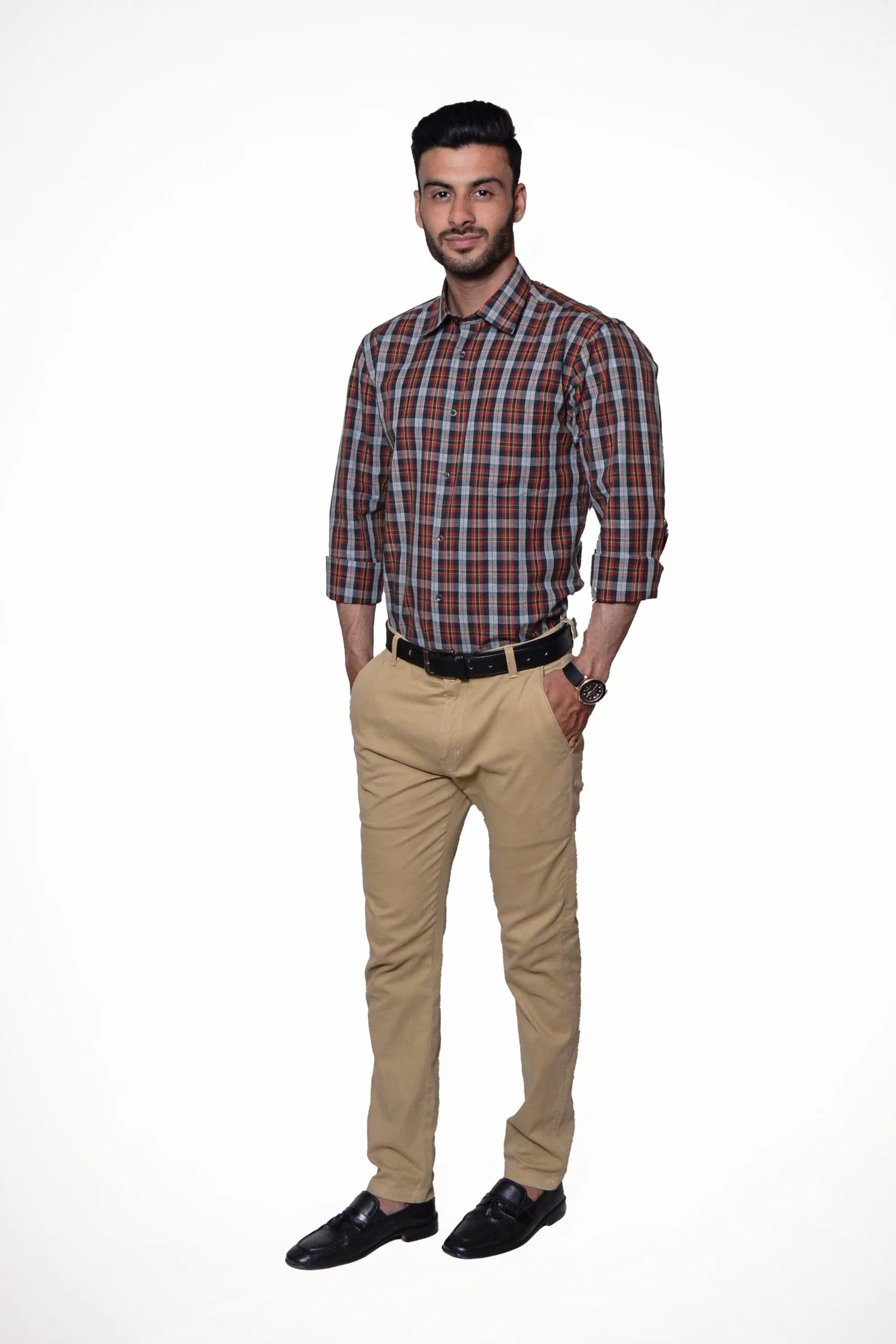 Firdous Premium Men's Formal Shirt – Orange & Black Check